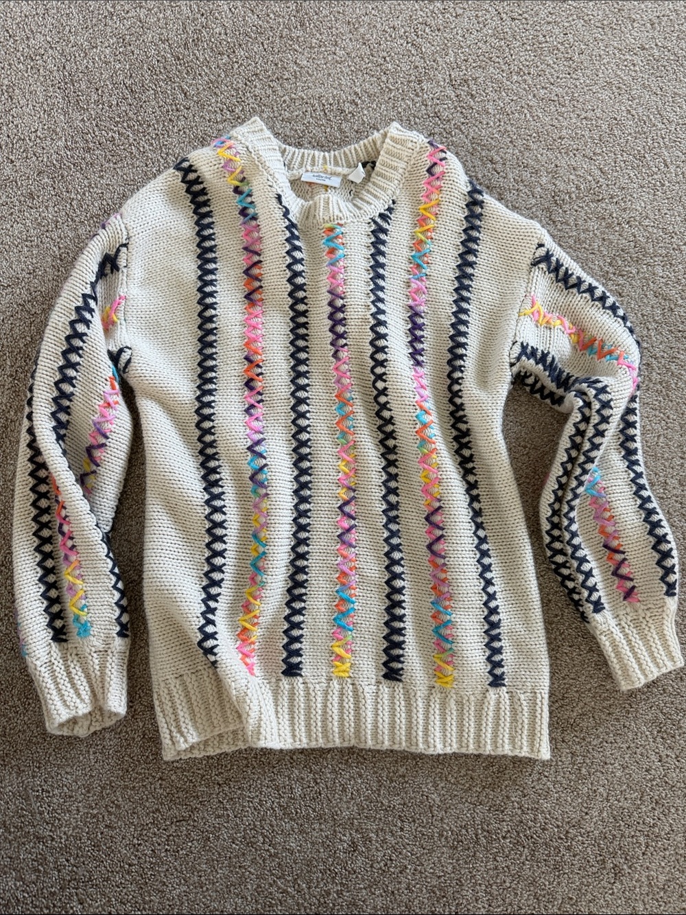 Cream Knit Sweater with Multicolor Stitching - Kids